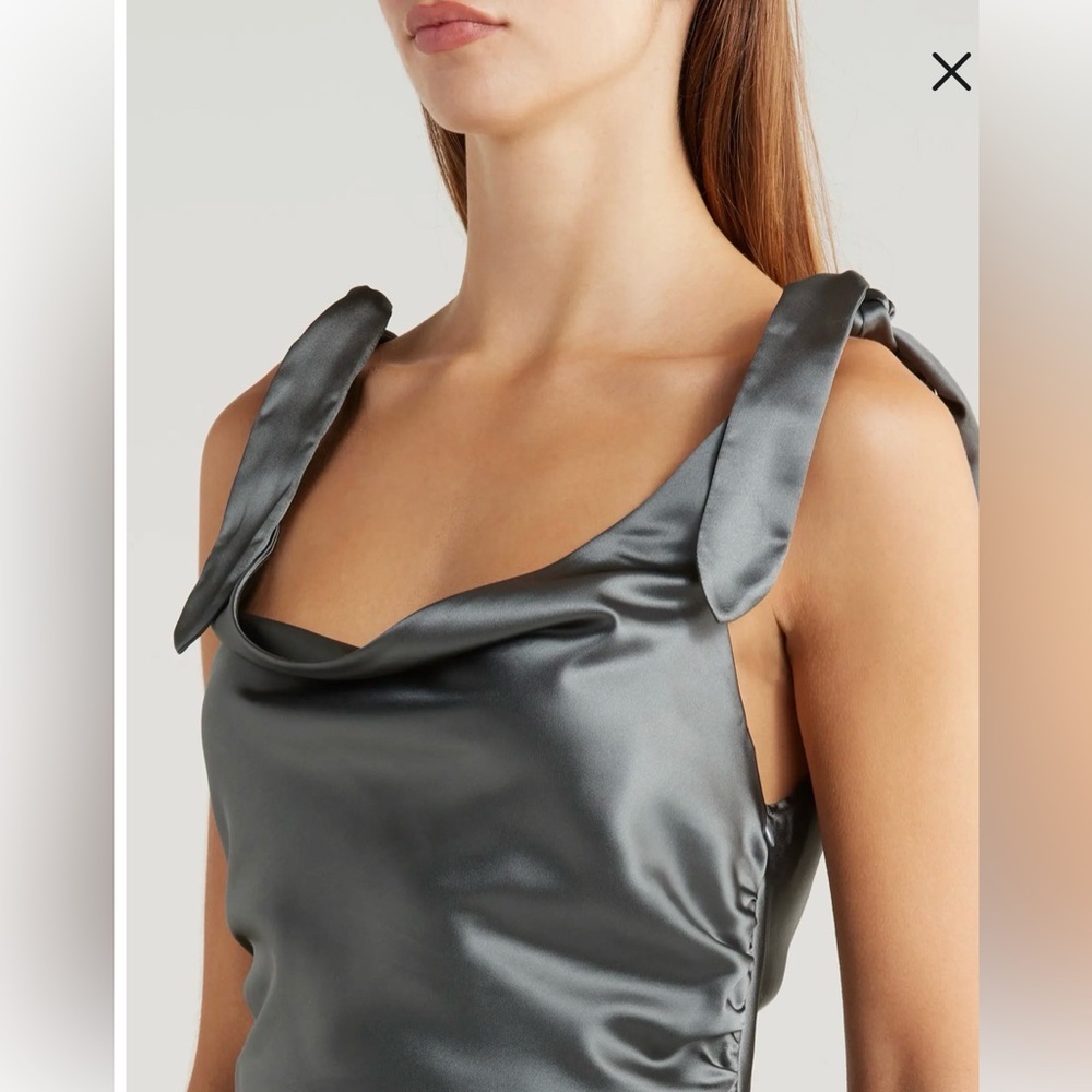 Petal & Pup Olive One-Shoulder Satin Evening Dress - Picture 13 of 16